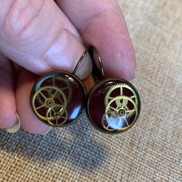 Steampunk Earrings Gears French Levers Handmade - Picture 1 of 5